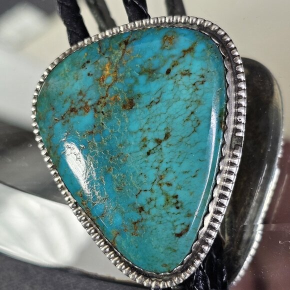Navajo Turquoise On Silver BOLO Tie Hallmarked K E E with Sterling 925 Tips KEE - Picture 15 of 16